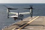 A U.S. Marine Corps MV-22B Osprey tiltrotor aircraft with Marine Medium Tiltrotor Squadron 365 (Reinforced), 24th Marine Expeditionary Unit (MEU) Special Operations Capable (SOC), takes off from the amphibious assault ship USS Wasp (LHD 1) to establish a forward base of operations in Sweden during Baltic Operations (BALTOPS) 24 while underway in the Atlantic Ocean, June 9, 2024. BALTOPS 24 is the premier maritime-focused exercise in the Baltic Region. The exercise, led by U.S. Naval Forces Europe-Africa and Executed by Naval Striking and Support Forces NATO, provides a unique training opportunity to strengthen combined response capabilities critical to preserving freedom of navigation and security in the Baltic Sea. (U.S. Marine Corps photo by Lance Cpl. John Allen)