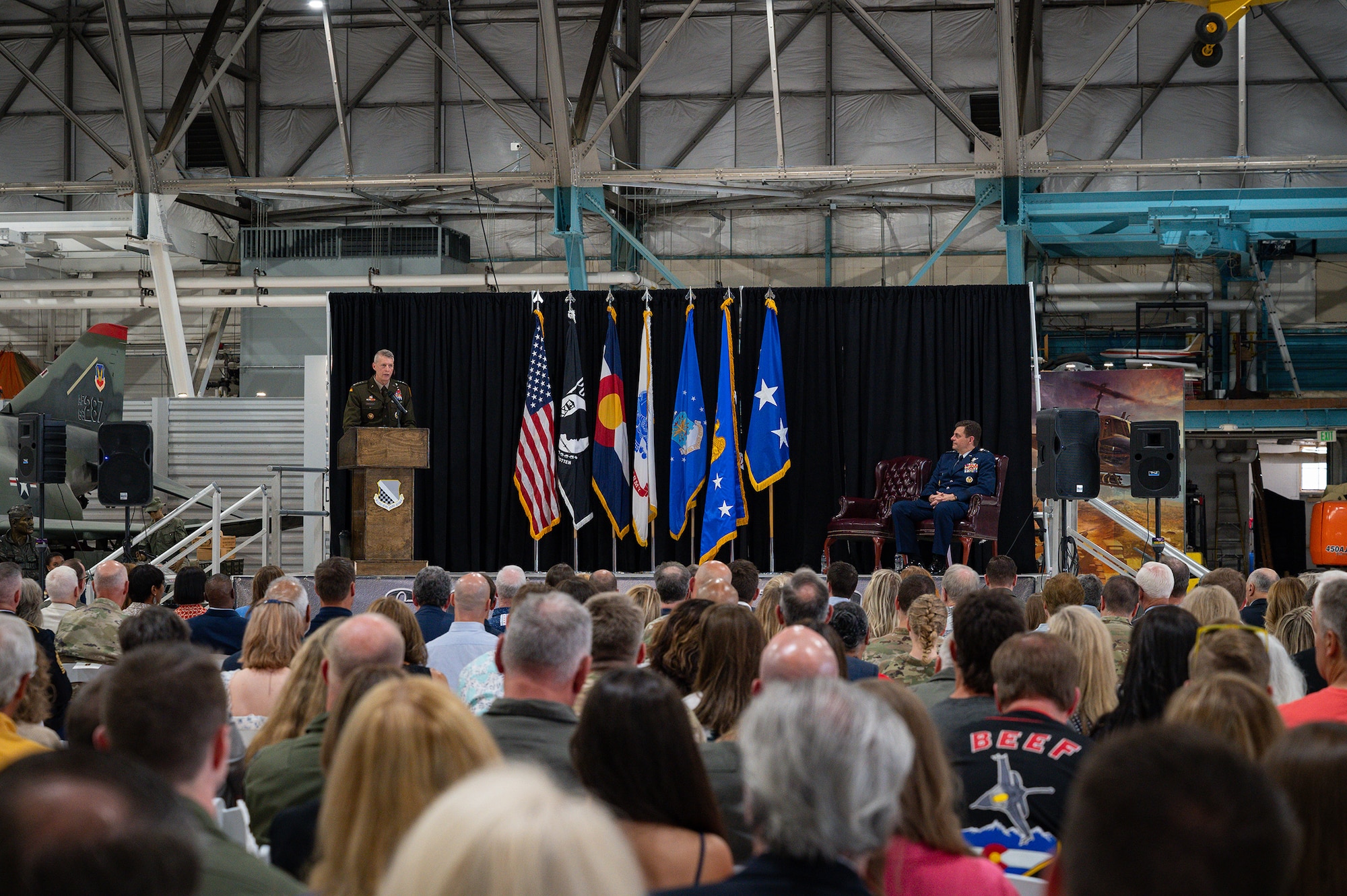 U.S. Army General Daniel R. Hokanson, left, chief, National Guard Bureau, hosts the retirement ceremony for U.S. Air Force Lt. Gen. Michael A. Loh.