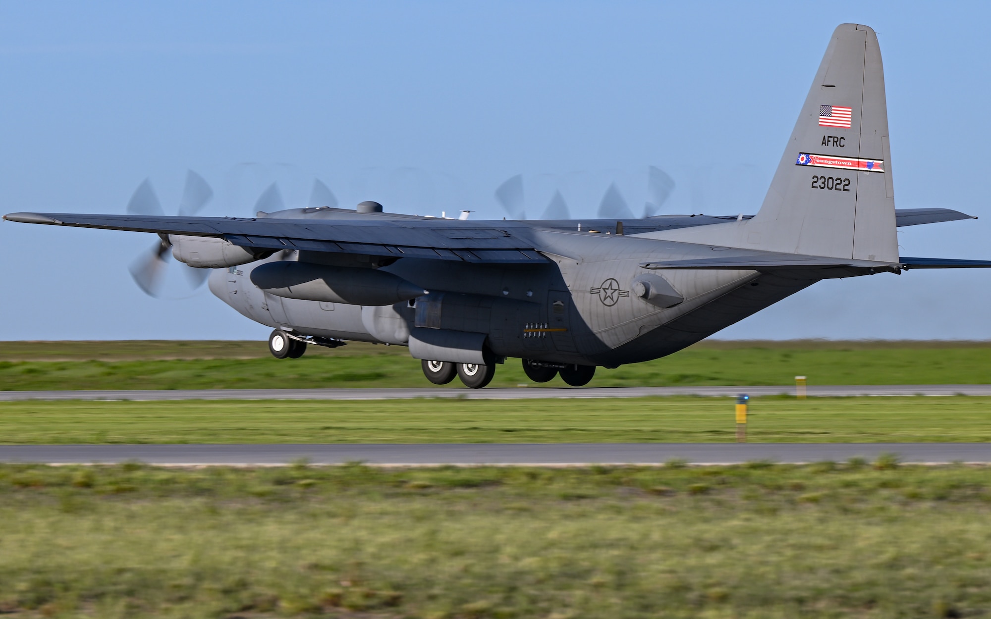 A 910th Airlift Wing aerial spray-modified C-130H Hercules aircraft takes off, on May 29, 2024, from Williston Basin International Airport, North Dakota.