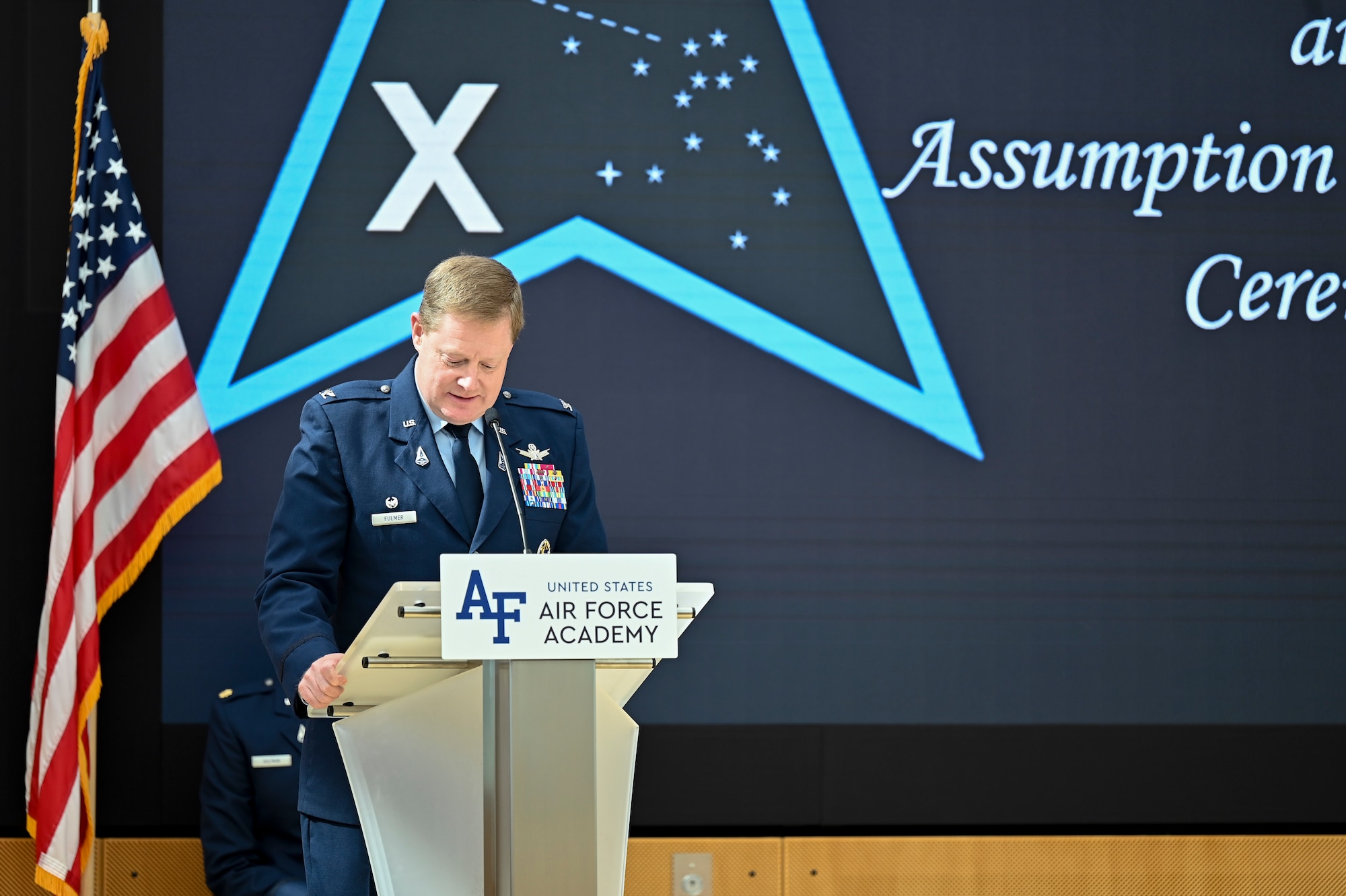 U.S. Space Force Col. Jack D. Fulmer II, Delta 10 commander, provides remarks during the 10th Force Development Squadron activation and assumption of command ceremony at the U.S. Air Force Academy, in Colorado Springs, Colo., June 6, 2024. The 10th FDS is one of four units that constitute Delta 10, and focuses on providing warfighters with the necessary doctrine to conduct the “fight tonight.” The 10th FDS not only produces Space Force doctrine, but it also codifies service tactics and plays a pivotal role in Space Force concept development to posture Space Force forces and designated joint and allied partners to prevail in a Contested, Degraded, Operationally Limited (CDO), all-domain environment. (U.S. Air Force photo by Capt. Charles Rivezzo)