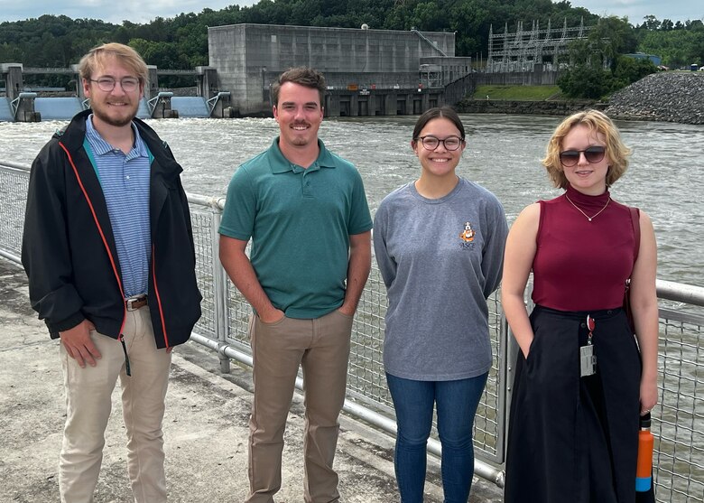 (Left to Right) Rocky Marcel from the University of Mississippi, Daniel Simons from the University of Georgia, Ashley Urbat from the University of Tennessee, and Claire Beal from Auburn University, all summer interns with the U.S. Army Corps of Engineers Nashville District, pose for a photo June 5, 2024, during a site visit to Cheatham Dam in Ashland City, Tennessee. This summer Nashville District will host 24 student interns working in various work sections to gain valuable hand-on experience in the fields they are studying. (USACE Photo by Michael Davis)