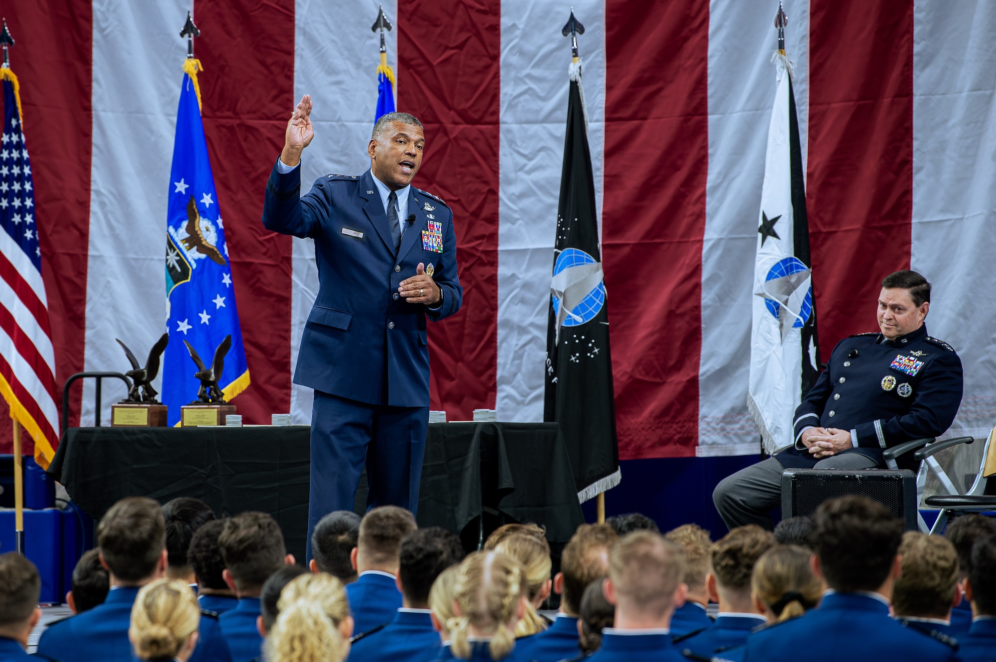 U.S. Air Force Academy Superintendent Lt . Gen. Richard M. Clark speaks to U.S. Air Force Academy cadets commissioning into the Space Force