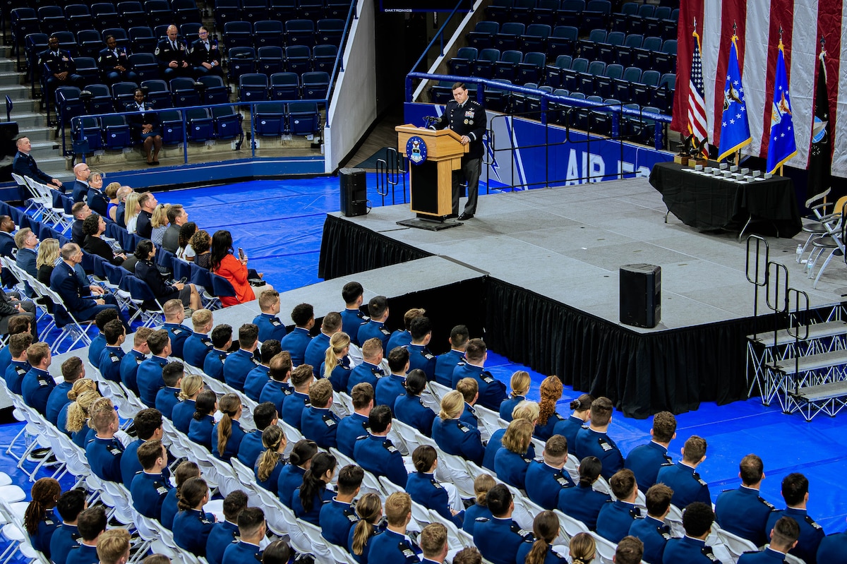 U.S. Air Force Academy cadets commissioning into the Space Force listen to U.S. Space Force Chief of Space Operations Gen. Chance Saltzman