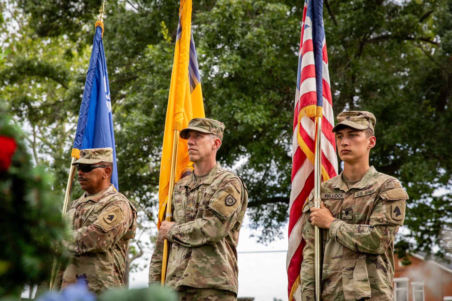 Kentucky Army National Guard Soldiers with the 103rd Brigade Support Battalion, 138th Field Artillery Brigade, prepare to post the colors for the 250th anniversary of the settlement of Harrodsburg at the Old Fort Harrod State Park in Harrodsburg, Kentucky on June 8, 2024. The 103rd BSB supported the 250th anniversary of the settlement of Harrodsburg by participating in posting the colors, marching in the parade, and providing a static display of military vehicles. (U.S. Army National Guard photo by Sgt. 1st Class Andrew Dickson)