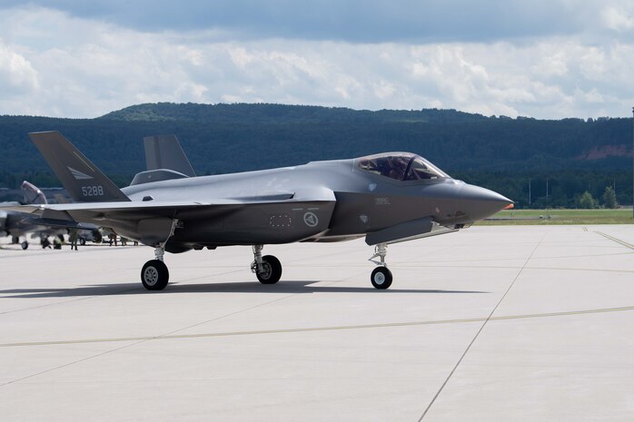 A U.S. Air Force F-35A Lightning II taxis on the runway during Ramstein 1v1 at Ramstein Air Base, Germany, June 6, 2024. Ramstein 1v1, U.S. Air Forces in Europe - Air Forces Africa's first-ever basic fighter maneuvers exercise at Ramstein AB, included 37 fighter aircraft from nine NATO countries such as F-35A Lightning IIs; F-16 Fighting Falcons; Eurofighter Typhoons; Dassault Rafale Cs; F/A-18 Hornets and a Douglas A-4 Skyhawk. (U.S. Air Force photo by Airman 1st Class Trevor Calvert)