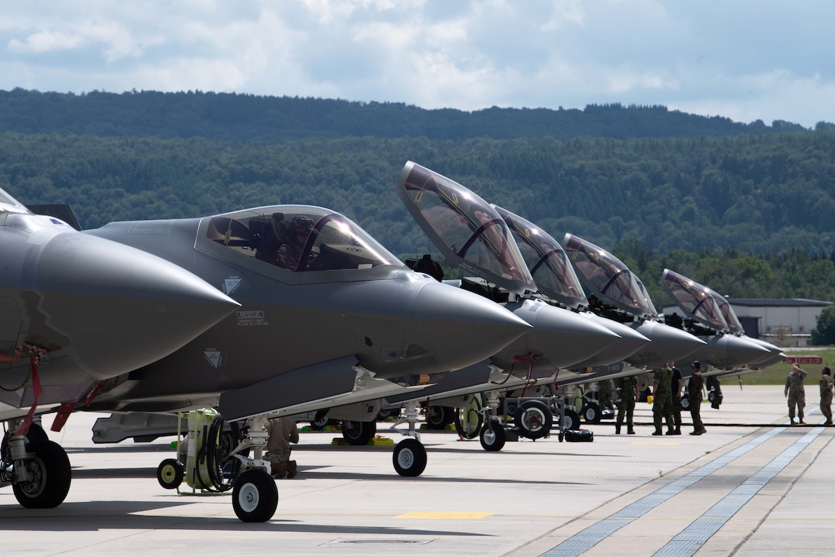 Eight U.S. Air Force F-35A Lightning IIs receive maintenance during Ramstein 1v1 at Ramstein Air Base, Germany, June 6, 2024. Ramstein 1v1, U.S. Air Forces in Europe - Air Forces Africa's first-ever basic fighter maneuvers exercise at Ramstein AB, included 37 fighter aircraft from nine NATO countries such as F-35A Lightning IIs; F-16 Fighting Falcons; Eurofighter Typhoons; Dassault Rafale Cs; F/A-18 Hornets and a Douglas A-4 Skyhawk. (U.S. Air Force photo by Airman 1st Class Trevor Calvert)