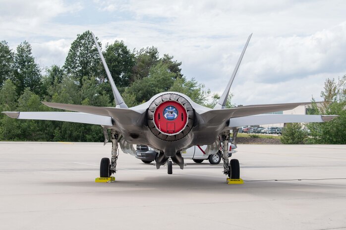 A U.S. Air Force F-35A Lightning II parks on the flightline following a flight during Ramstein 1v1 at Ramstein Air Base, Germany, June 6, 2024. Ramstein 1v1, U.S. Air Forces in Europe - Air Forces Africa's first-ever basic fighter maneuvers exercise at Ramstein AB, included 37 fighter aircraft from nine NATO countries such as F-35A Lightning IIs; F-16 Fighting Falcons; Eurofighter Typhoons; Dassault Rafale Cs; F/A-18 Hornets and a Douglas A-4 Skyhawk. (U.S. Air Force photo by Airman 1st Class Trevor Calvert)