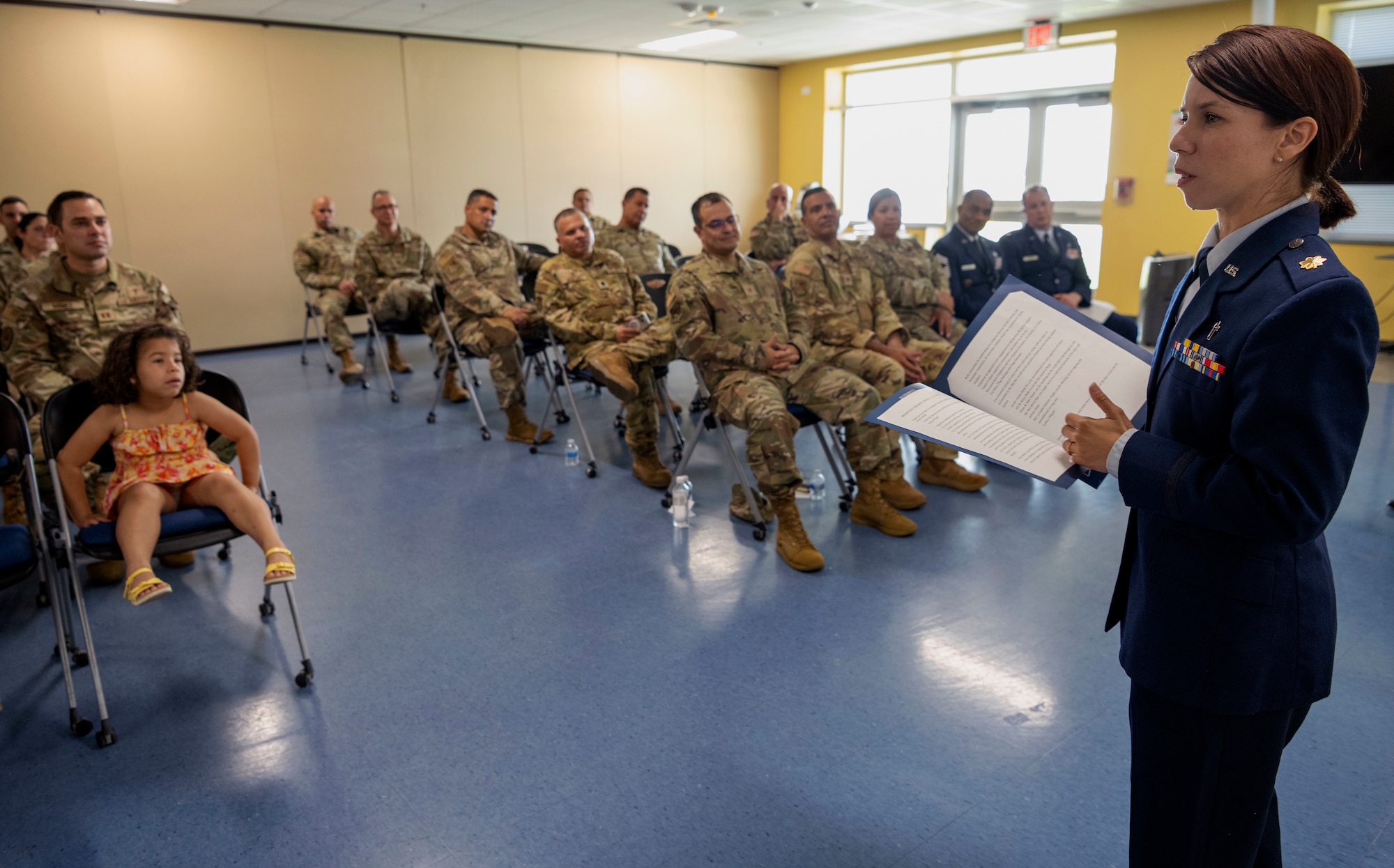 U.S. Air Force Maj. Iraida M. Alvarez Carrasquillo, the 156th Wing chaplain, Puerto Rico Air National Guard, addresses the Airmen in attendance during a promotion ceremony at Muñiz Air National Guard Base, Carolina, Puerto Rico, June 1, 2024. During the ceremony, Alvarez received the Samuel Stone Award, recognizing her as the outstanding Air National Guard Chaplain of the Year. (U.S. Air National Guard photo by Airman 1st Class Marrissa L. Rodriguez)