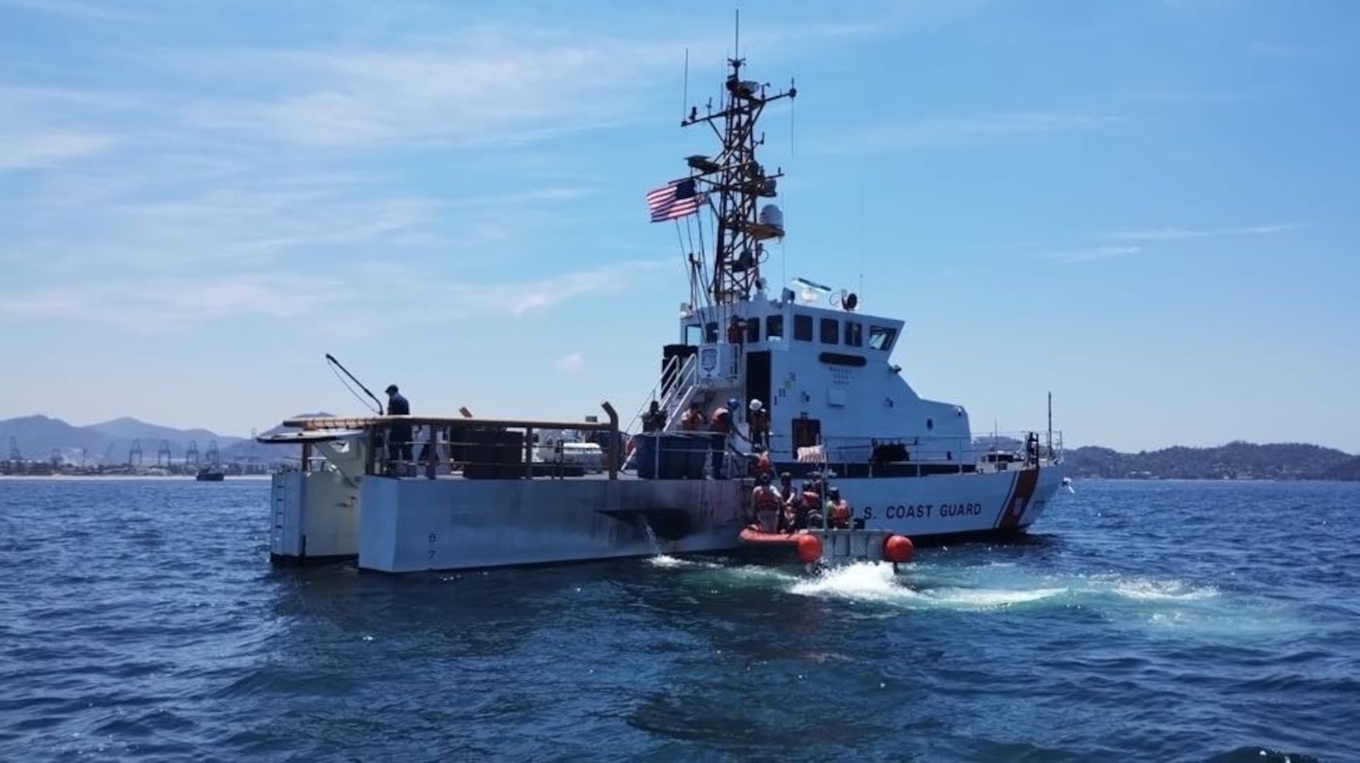 The U.S. Coast Guard Cutter Blackfin - WPB 87317, homeported in San Pedro, Calif., gets underway from a pier in Manzanillo, Mexico as part of a search and rescue exercise, April 30, 2024. Secretaría de Marina (SEMAR) hosted the international exercise in efforts to improve interoperability and to share best practices in search and rescue. (U.S. Coast Guard courtesy photo/released)