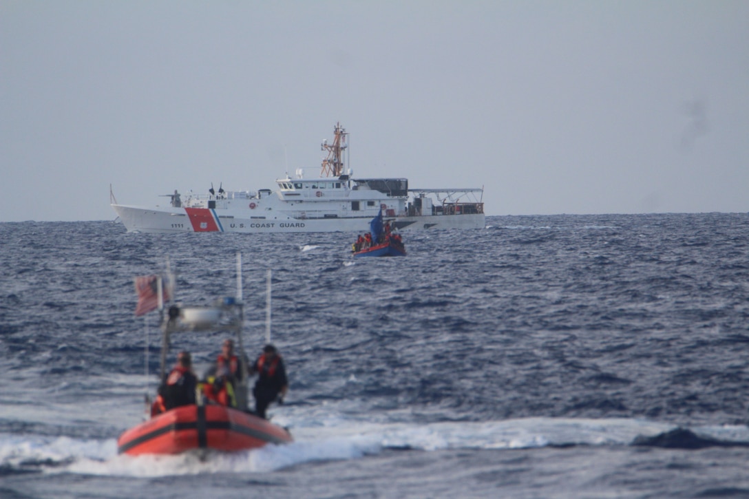 U.S. Coast Guard Cutter William Trump's crew intercepts a migrant vessel 34 miles north of Île de la Tortue, Haiti, June 6, 2024.  A U.S. Customs and Border Protection aircrew notified Coast Guard District 7 watchstanders who diverted a Coast Guard assets to interdict the migrants for repatriation at a later date. (U.S. Coast Guard photo by Petty Officer 2nd Class Eric Briganty)