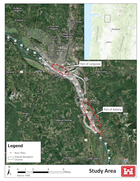 The map shows the study area for the project from river mile 59 through 81 of the Columbia River with the Ports of Kalama and Longview where improvement are being considered.