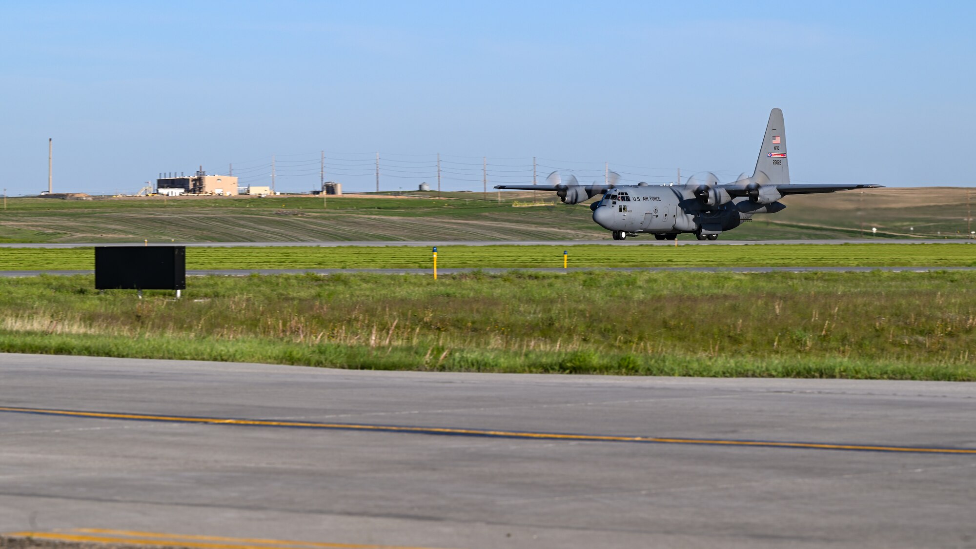A 910th Airlift Wing aerial spray-modified C-130H Hercules aircraft takes off, on May 29, 2024, from Williston Basin International Airport, North Dakota.
