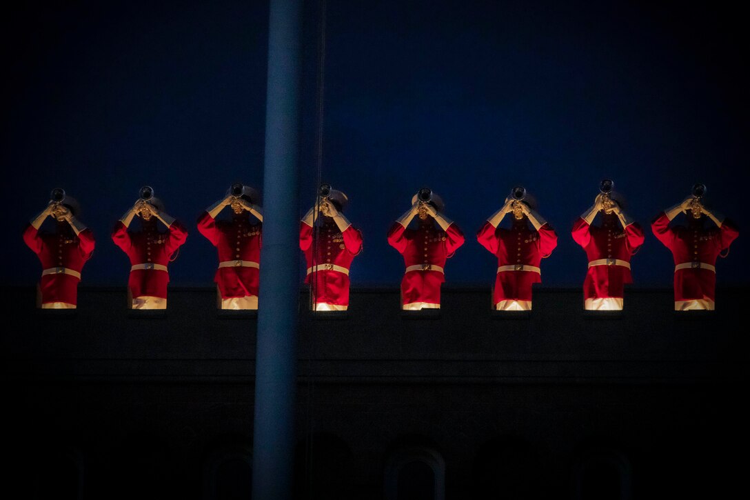 A line of Marines in formal uniforms stand in spotlights and play brass instruments at night.