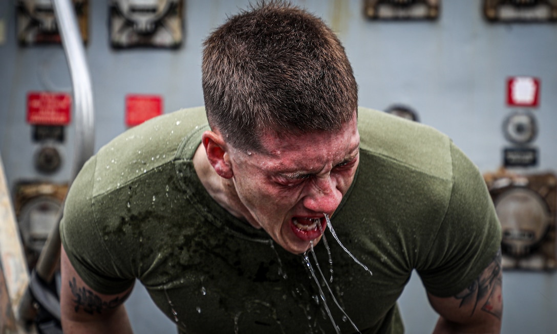 A U.S. Marine with Battalion Landing Team 1/8, 24th Marine Expeditionary Unit (MEU) Special Operations Capable (SOC), participates in a non-lethal weapons course aboard the Harpers Ferry-class dock landing ship USS Oak Hill (LSD 51), while underway in the Atlantic Ocean, May 29, 2024. The Wasp Amphibious Ready Group-24th MEU (SOC) is conducting operations in U.S. Naval Forces Europe area of operations to support high-end warfighting exercises while demonstrating speed and agility operating in a dynamic security environment. (U.S. Marine Corps photo by Sgt. Jacqueline Peguero-Montes)