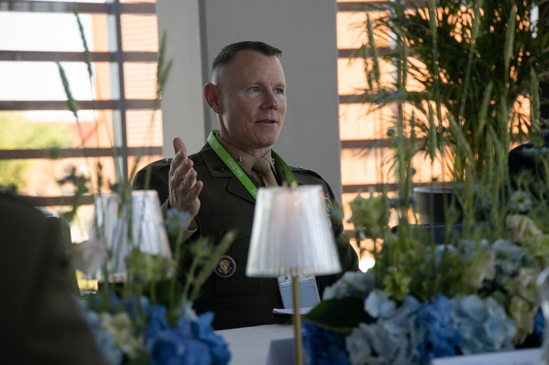 U.S. Marine Corps Brig. Gen. Samuel L. Meyer, commanding general of Task Force 61/2, discusses amphibious warfare tactics and operations during the Baltic Operations (BALTOPS) 24 Pre-Sail Conference at Klaipeda, Lithuania, June 5, 2024. BALTOPS 24 is the premier maritime-focused exercise in the Baltic region led by U.S. Naval Forces Europe-Africa and executed by Naval Striking and Support Forces NATO, providing a unique training opportunity to strengthen combined response capabilities critical to preserving freedom of navigation and security of the Baltic Sea. TF 61/2 commands and controls fleet Marine forces in support of the U.S. Sixth Fleet commander while synchronizing Navy and Marine Corps units and capabilities in the U.S. European Command and U.S. Africa Command area of operations. (U.S. Marine Corps photo by Cpl. Marc Imprevert)