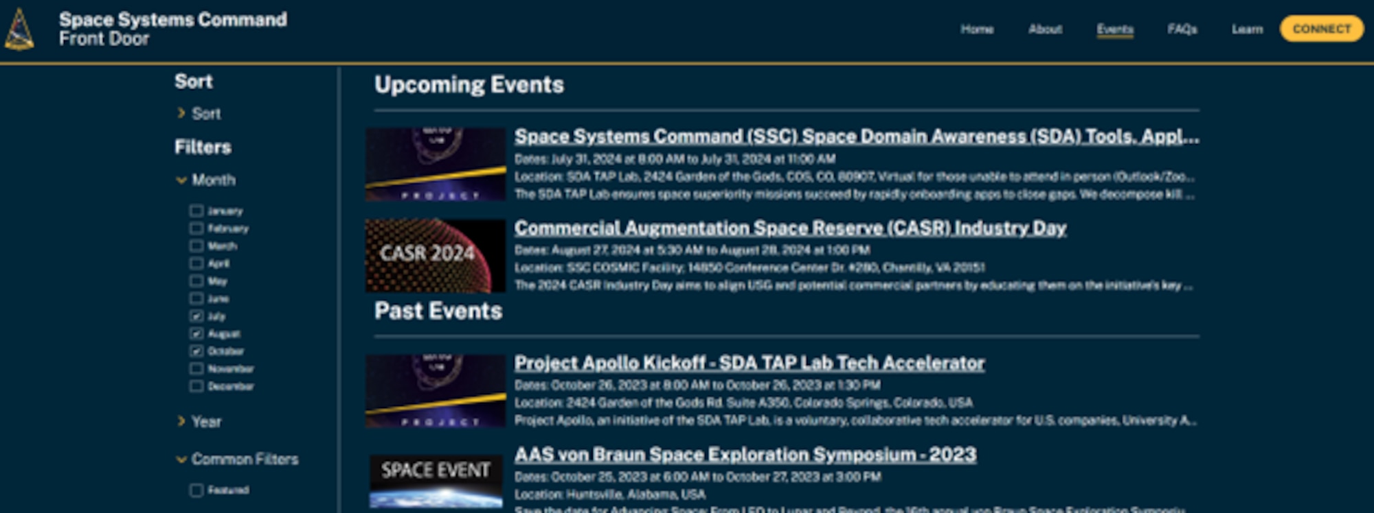 Front Door’s website features a calendar of space industry events, many where Space Systems Command is hosting or participating.