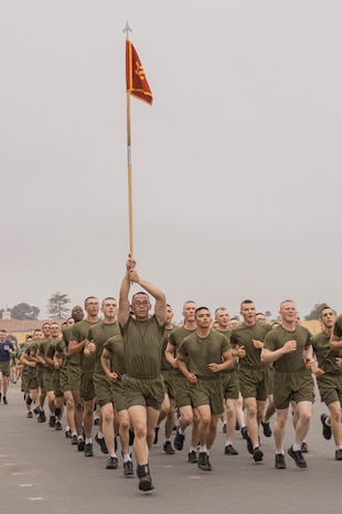 New U.S. Marines with Lima Company, 3rd Recruit Training Battalion, participate in a motivational run at Marine Corps Recruit Depot San Diego, California, June 6, 2024. The motivational run is the final training event new Marines complete before graduating which consists of a three-mile run throughout the Depot. (U.S. Marine Corps photo by Lance Cpl. Alexandra M. Earl)