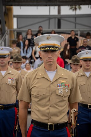 U.S. Marine Corps Maj. Sean P. Kierman, commanding officer, Lima Company, 3rd Recruit Training Battalion, stands in formation during a graduation ceremony at Marine Corps Recruit Depot San Diego, California, June 7, 2024. Graduation takes place at the end of the 13-week transformation, which included training for drill, marksmanship, basic combat skills, and Marine Corps customs and traditions. (U.S. Marine Corps photo by Lance Cpl. Janell B. Alvarez)