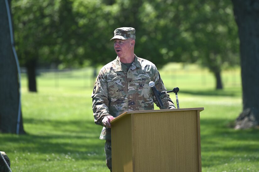 Brig. Gen. Michael Shanley, Commanding General, 85th U.S. Army Reserve Support Command, gives remarks during his assumption of command ceremony, June 7, 2024, at the Arlington Heights Army Reserve Center.