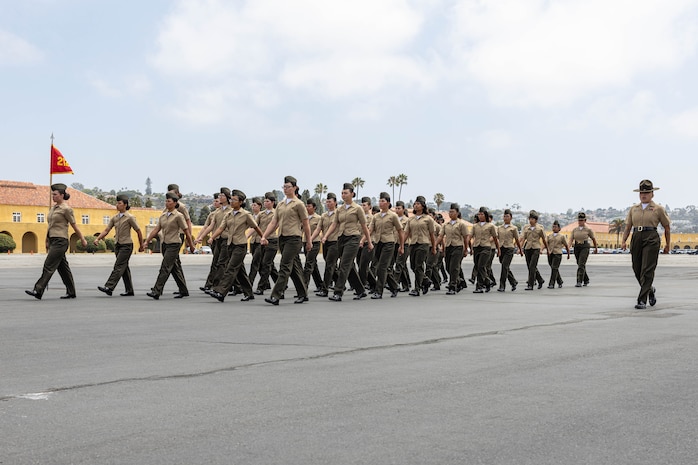 New U.S. Marines with Fox Company, 2nd Recruit Training Battalion, march in formation for their Family Day ceremony at Marine Corps Recruit Depot San Diego, California, May 30, 2024. After a long, 13 weeks of physical and mental challenges, early mornings, letters to and from home, this is the first time friends and families will see their newly transformed Marines. (U.S. Marine Corps photo by Cpl. Sarah M. Grawcock)