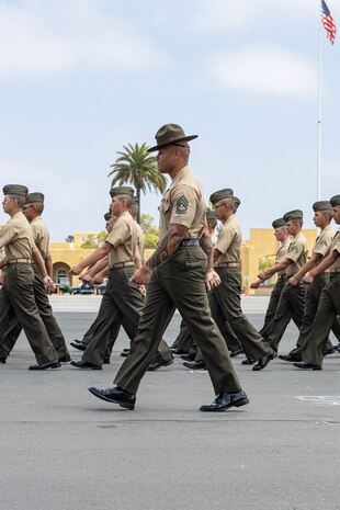 U.S. Marines with Fox Company, 2nd Recruit Training Battalion, march in formation for their Family Day ceremony at Marine Corps Recruit Depot San Diego, California, May 30, 2024. After a long, 13 weeks of physical and mental challenges, early mornings, letters to and from home, this is the first time friends and families will see their newly transformed Marines. (U.S. Marine Corps photo by Cpl. Sarah M. Grawcock)