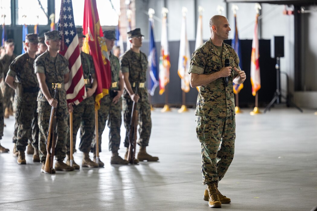 U.S. Marine Corps Lt. Col. Scott Warman, the new commanding officer of Marine Corps Air Facility Quantico, gives his remarks during a change of command ceremony on Marine Corps Base Quantico, Virginia, June 22, 2023. Lt. Col. Scott Warman, the new commanding officer of MCAF, has assumed his new billet formerly held by Lt Col. Patrick J. Fahey. (U.S. Marine Corps photo by Lance Cpl. Joaquin Dela Torre)