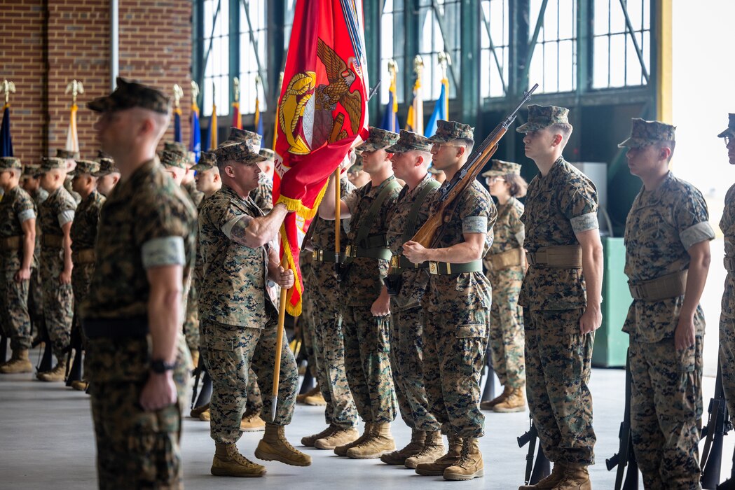 U.S. Marines with Marine Corps Air Facility Quantico, participate in a change of command ceremony on Marine Corps Base Quantico, Virginia, June 22, 2023. Lt. Col. Scott Warman, the new commanding officer of MCAF, has assumed his new billet formerly held by Lt Col. Patrick J. Fahey. (U.S. Marine Corps photo by Lance Cpl. Joaquin Dela Torre)