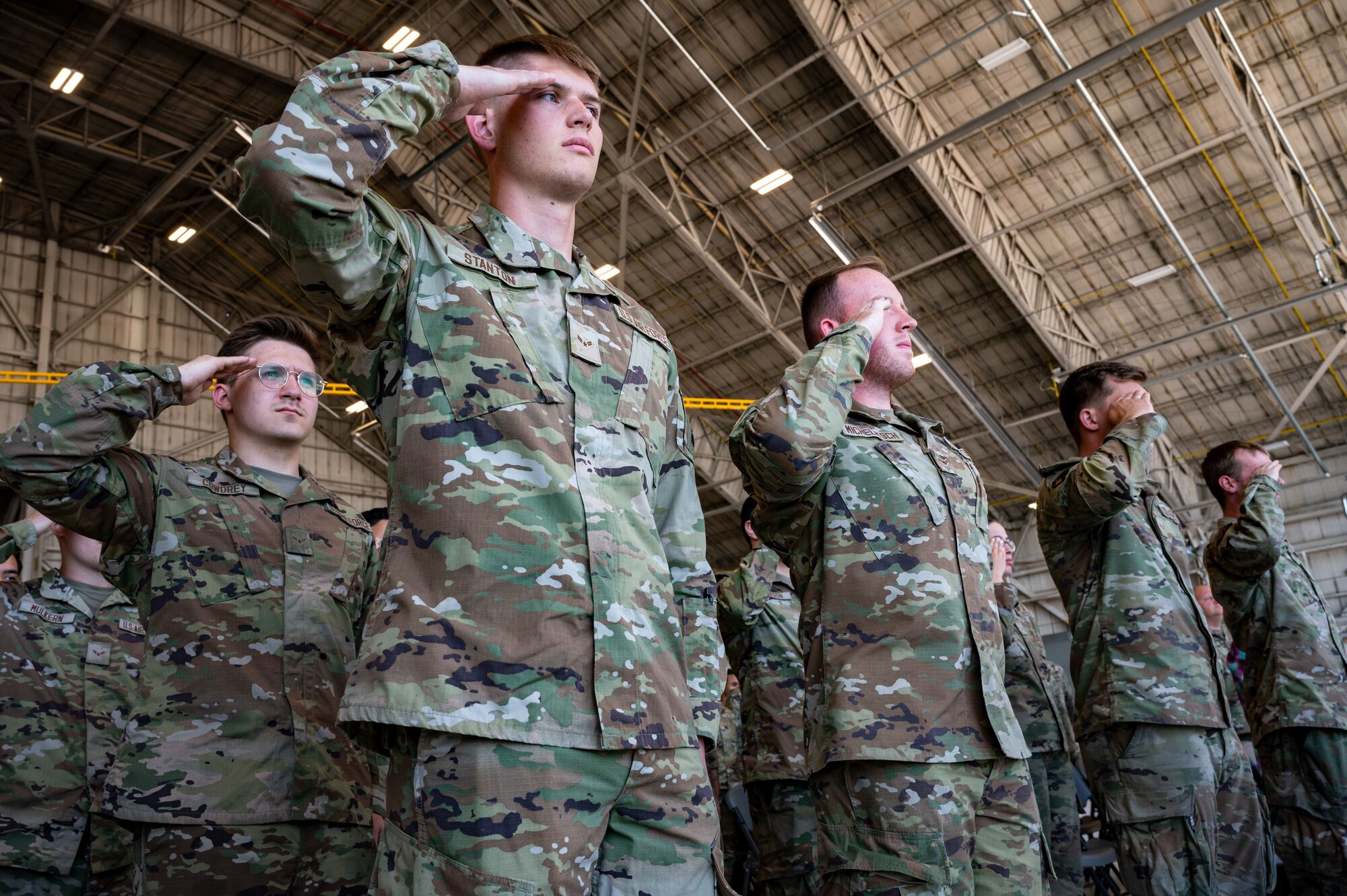 Airmen from the 436th Maintenance Squadron give Maj. Joshua Belanger his first salute during a change of command ceremony at Dover Air Force Base, Delaware, June 10, 2024. The ceremony saw Lt. Col. Alexander Barnett relinquish command to Belanger (U.S. Air Force photo by Senior Airman Amanda Jett)