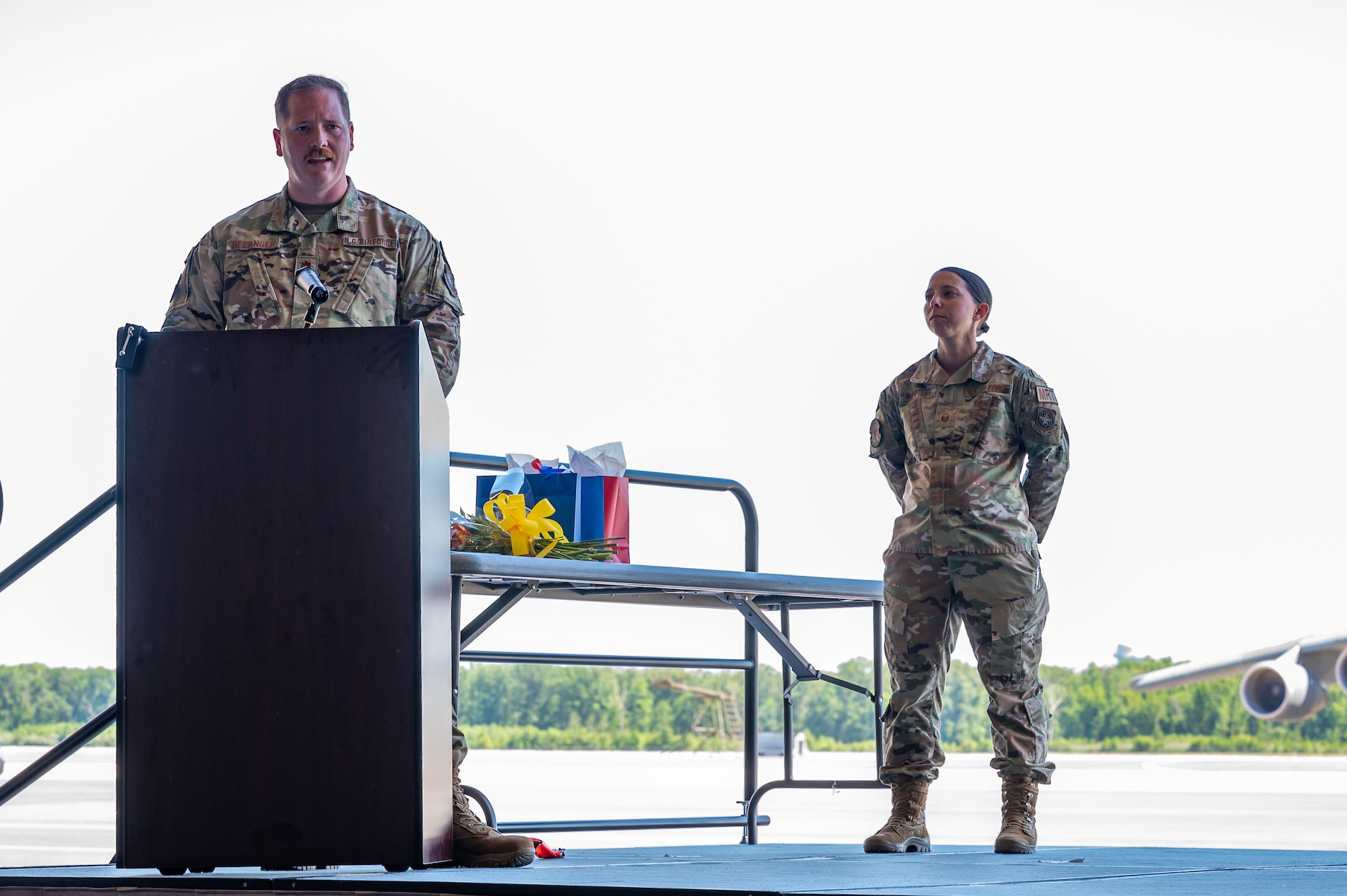 U.S. Air Force Maj. Joshua Belanger gives his first address as 436th Maintenance Squadron commander, during a change of command ceremony at Dover Air Force Base, Delaware, June 10, 2024. The ceremony saw Lt. Col. Alexander Barnett relinquish command to Belanger. (U.S. Air Force photo by Senior Airman Amanda Jett)