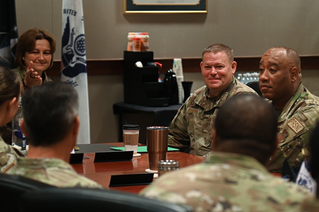 U.S. Air Force Col. Angelina Maguinness, 17th Training Wing commander, introduces members of the 17th TRW to Chief Master Sgt. Matthew J. Dickens,  Headquarters Air Force Personnel Center Functional Assignment Managers senior enlisted leader, Assignments & AEF Policy Division and Chief Master Sgt. Randolph Livingston III,  HQ AFPC FAM Assignments superintendent during a Wing Mission Brief at the Norma Brown building, Goodfellow Air Force Base, Texas, April 5, 2024. The AFPC, based in Joint Base San Antonio - Randolph, Texas, handles personnel programs and enforces policies for both active-duty and civilian Air Force members. (U.S. Air Force photo by Airman 1st Class James Salellas)