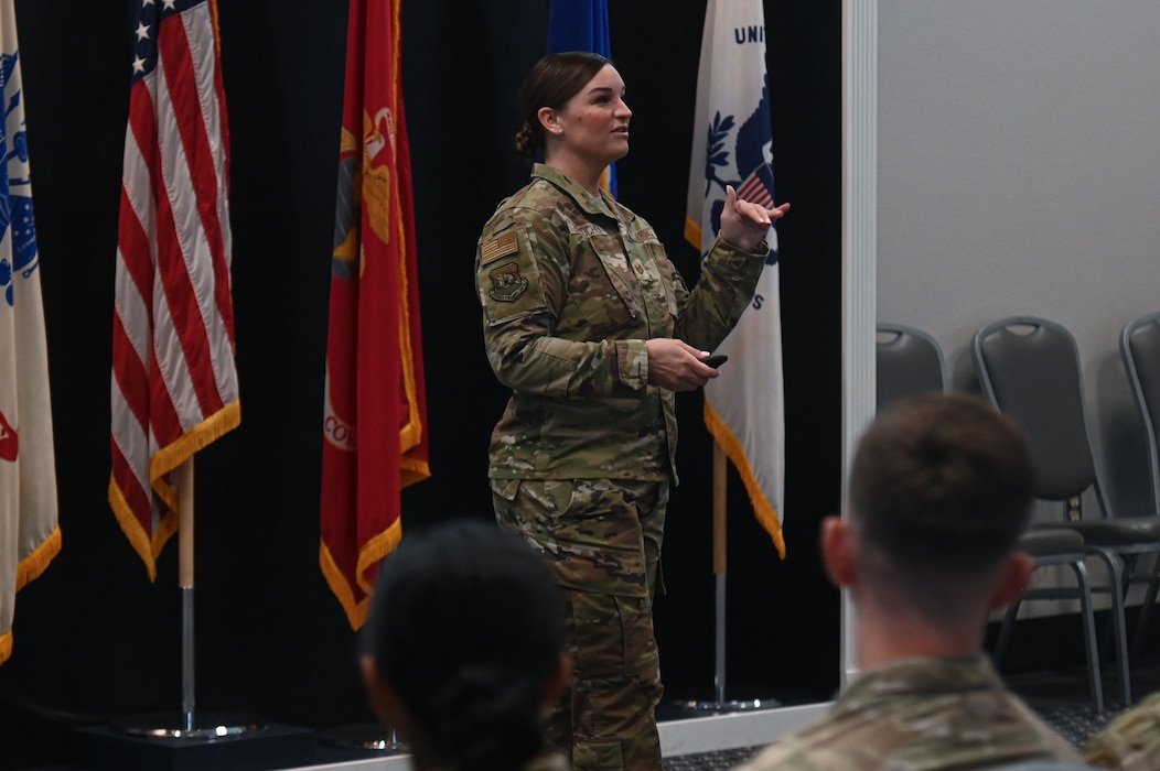 U.S. Air Force Tech. Sgt. Adrianna F. Bascochea, Headquarters Air Force Personnel Center Functional Assignment Managers noncommissioned officer in charge, Enlisted Special Duty & DSD Assignments, gives a briefing on Enlisted Special Duty assignments at the Powell Event Center, Goodfellow Air Force Base, Texas, June 5, 2024. The visit aimed to enhance Goodfellow’s management and career development programs, such as the Enlisted Special Duty Assignments.  (U.S. Air Force photo by Airman 1st Class James Salellas)