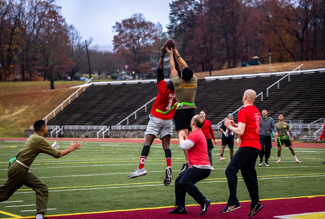 U.S. Marines with Marine Corps Air Facility compete in the annual Turkey Bowl on Marine Corps Base Quantico, Virginia, Nov. 22, 2023. Marines competed head-to-head in the “Turkey Bowl” flag football tournament in light of holiday spirit and to boost morale within the unit through friendly competition. (U.S. Marine Corps photo by Lance Cpl. Joaquin Dela Torre)