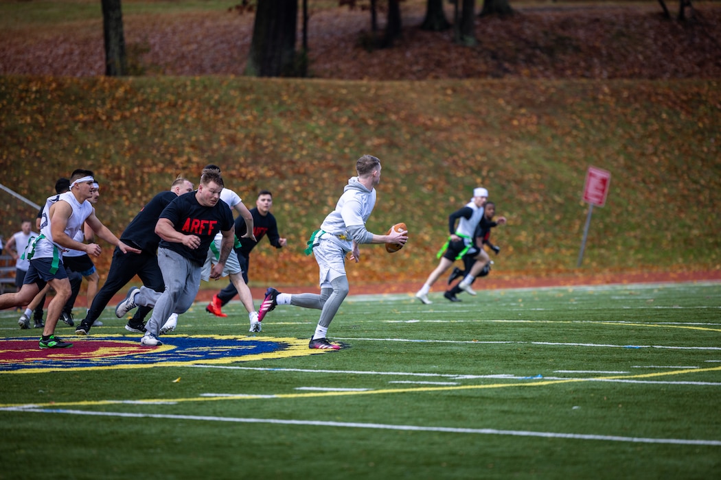 U.S. Marines with Marine Corps Air Facility compete in the annual Turkey Bowl on Marine Corps Base Quantico, Virginia, Nov. 22, 2023. Marines competed head-to-head in the “Turkey Bowl” flag football tournament in light of holiday spirit and to boost morale within the unit through friendly competition. (U.S. Marine Corps photo by Lance Cpl. Joaquin Dela Torre)