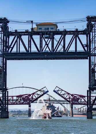 Independence-variant littoral combat ship USS Montgomery (LCS 8), transits under Portland's Broadway Bridge for the annual Rose Festival during Portland Fleet Week in Portland, Oregon, June 5, 2024. Portland Fleet Week is a time-honored celebration of the sea services and provides an opportunity for the citizens of Oregon to meet Sailors, Marines and Coast Guardsmen, as well as witness firsthand the latest capabilities of today’s maritime services. (U.S. Navy photo by Mass Communication Specialist 2nd Class Gwendelyn L. Ohrazda)