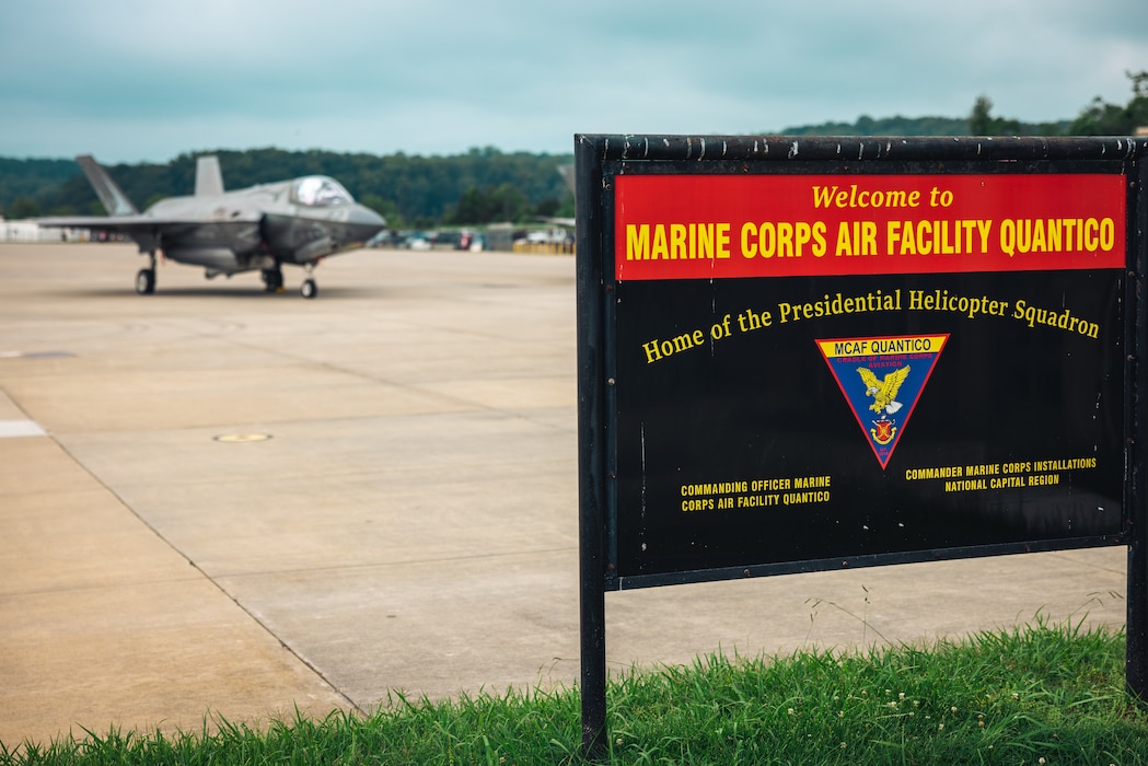 A Lockheed Martin F-35 Lightning II sits on the flight line at Marine Corps Air Facility Quantico on Marine Corps Base Quantico, Virginia, June 5, 2024. The Primary mission of MCAF Quantico is to operate and maintain the facilities, and provide services and materiel to support the operations of Marine Helicopter Squadron 1, and other transient aircraft as required. (U.S. Marine Corps photo by Lance Cpl. Joaquin Dela Torre)