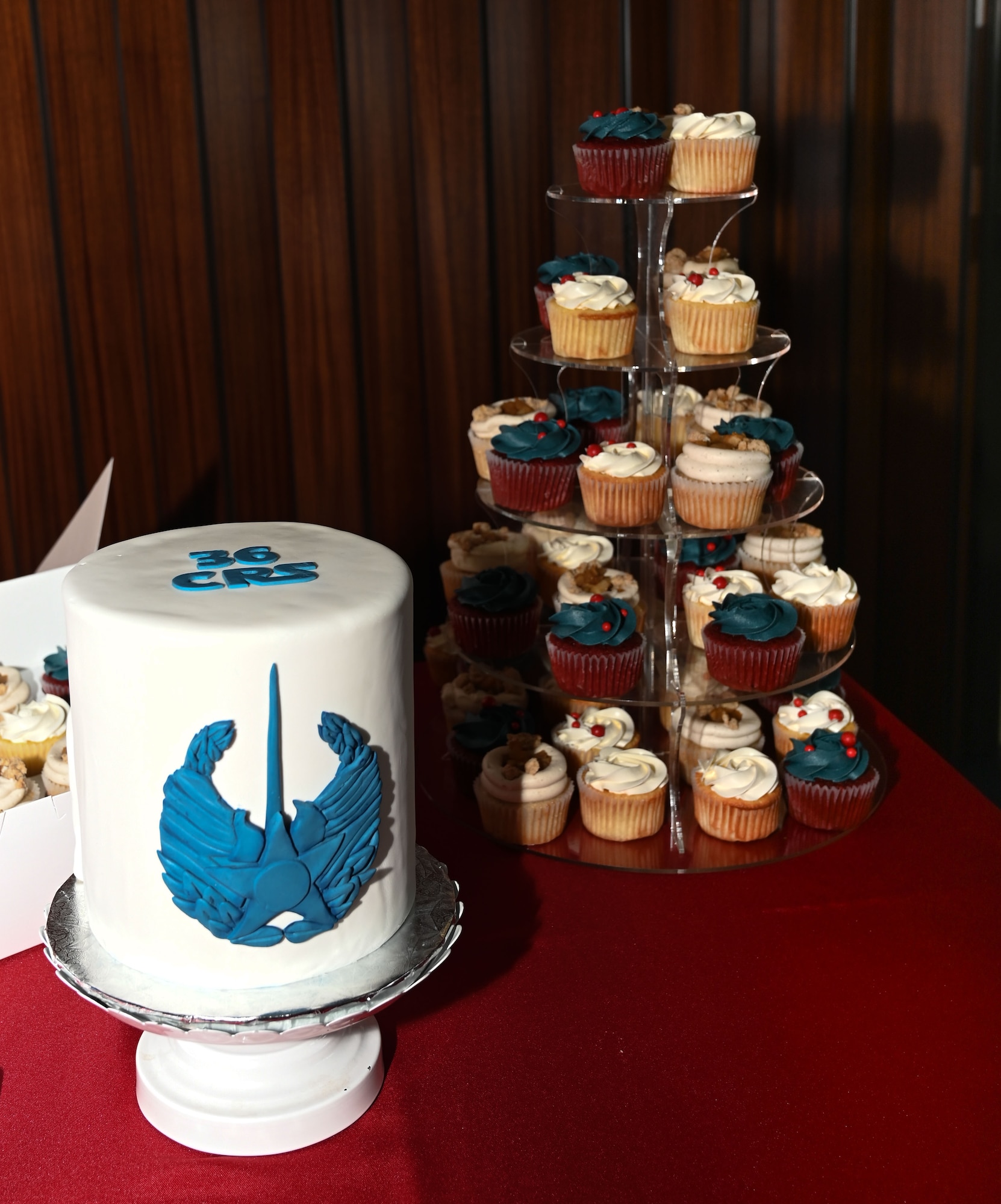 The 36th Contingency Response Squadron change of command ceremony was held at Andersen Air Force Base, Guam, June 10, 2024. A homemade cake and cupcakes were provided in honor of the outgoing and incoming commanders for the 36th CRS. (U.S. Air Force photo by Airman 1st Class Natasha Ninete).