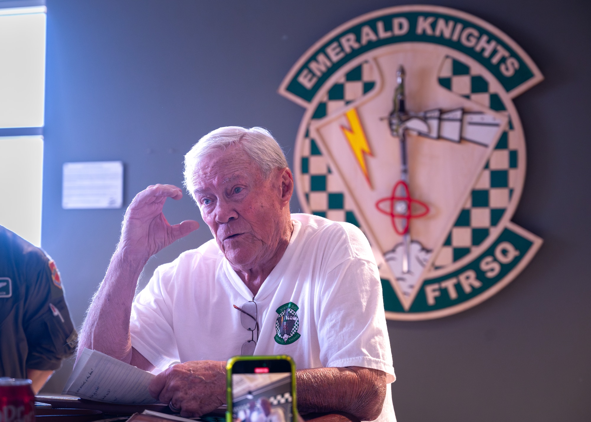 Retired U.S. Air Force Lt. Col. David Kling, speaks to members of the 308th Fighter Squadron during a heritage tour, March. 31, 2024 at Luke Air Force Base, Arizona.