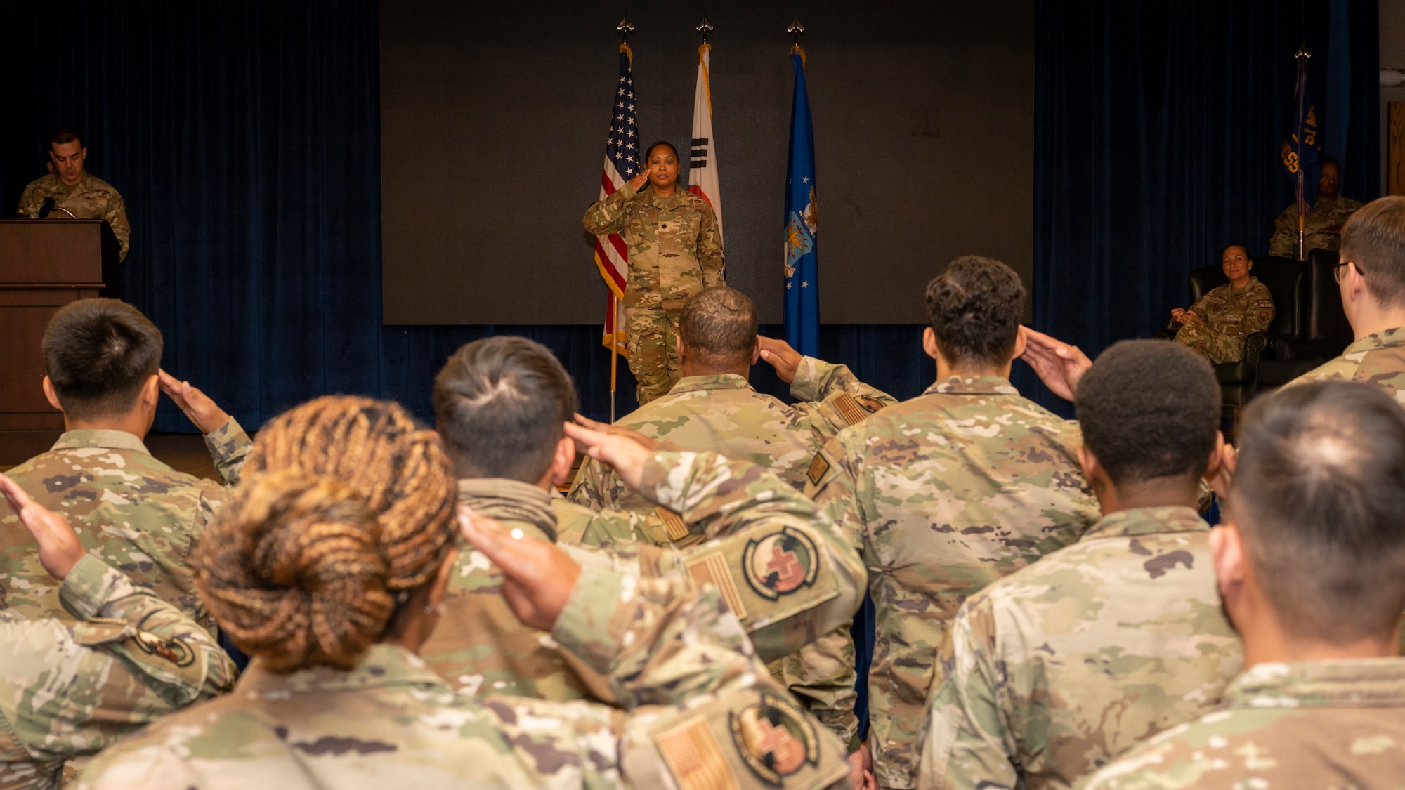 U.S. Air Force Lt. Col. Joy Spillers, 51st Medical Support Squadron commander, renders her first salute during a change of command ceremony at Osan Air Base, Republic of Korea, June 11, 2024. The 51st MDSS is responsible for supporting wartime and armistice medical capabilities by managing the Defense Health Program budget and health care plan and providing logistics, facility management, laboratory and pharmacy support. (U.S Air Force photo by Senior Airman Sabrina Fuller-Judd)