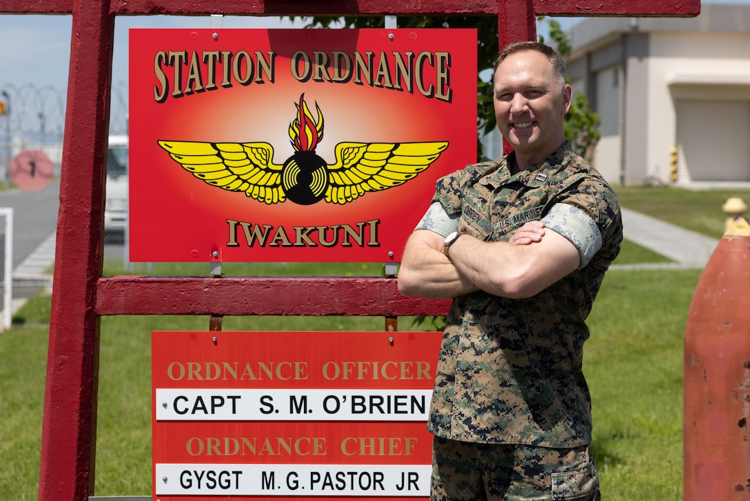 U.S. Marine Corps Capt. Sean O’Brien, a native of Illinois, and the station ordnance officer for Marine Corps Air Station Iwakuni, poses for a photo at MCAS Iwakuni, Japan, May 2, 2024. O’Brien was born and raised in Glen Ellyn, Illinois and originally did not think of the military as the correct career path for himself. Now, with over 22 years of service, O’Brien has spent much of his time in the military carving new career paths, leading Marines and Sailors, and building a family. (U.S. Marine Corps photo by Cpl. Isaac Orozco).