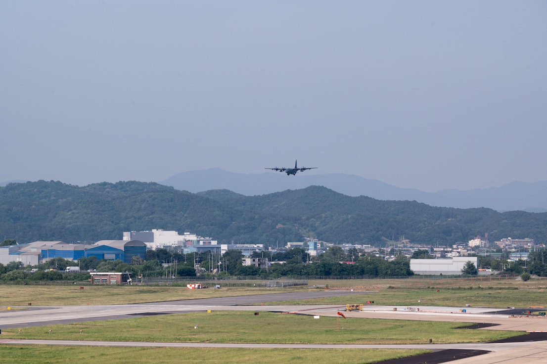 A U.S. Air Force AC-130J Ghostrider gunship assigned to the 4th Special Operations Squadron from Hulburt Field, Fla. prepares to land at Osan Air Base, Republic of Korea (ROK) June 12, 2024. The Ghostrider and its crews are participating in a regularly scheduled joint, combined exchange and training (JCET) event designed to positively affect the combat readiness of special operations forces (SOF) personnel in support of the mutual defense of the U.S. and ROK homelands. (U.S. Air Force photo by Senior Airman Jacob Cabanero)