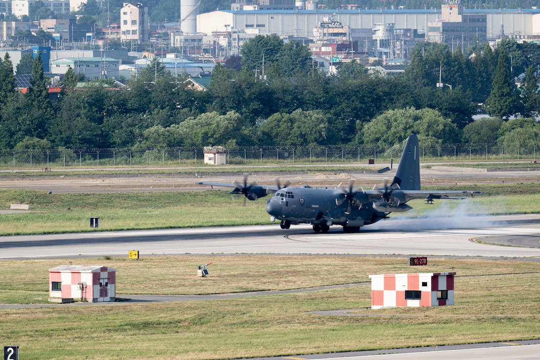 A U.S. Air Force AC-130J Ghostrider gunship assigned to the 4th Special Operations Squadron from Hulburt Field, Fla. lands at Osan Air Base, Republic of Korea (ROK) June 12, 2024. The Ghostrider and its crews are participating in a regularly scheduled joint, combined exchange and training (JCET) event designed to positively affect the combat readiness of special operations forces (SOF) personnel in support of the mutual defense of the U.S. and ROK homelands. (U.S. Air Force photo by Senior Airman Jacob Cabanero)