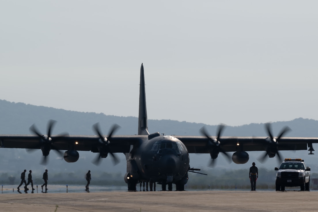 A U.S. Air Force AC-130J Ghostrider gunship assigned to the 4th Special Operations Squadron from Hulburt Field, Fla. taxis at Osan Air Base, Republic of Korea (ROK) June 12, 2024. The Ghostrider and its crews are participating in a regularly scheduled joint, combined exchange and training (JCET) event designed to positively affect the combat readiness of special operations forces (SOF) personnel in support of the mutual defense of the U.S. and ROK homelands. (U.S. Air Force photo by Senior Airman Jacob Cabanero)