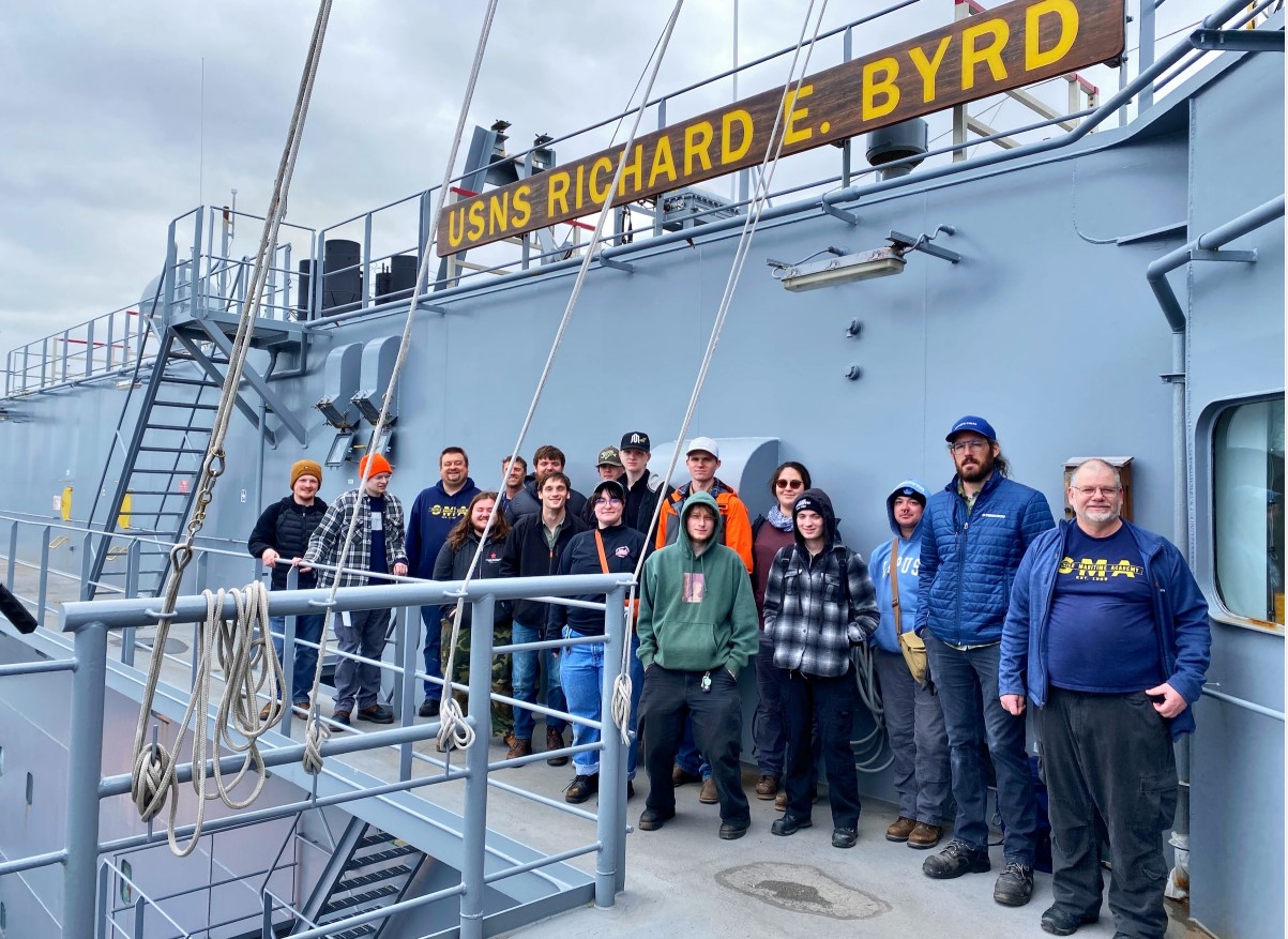 Students from The Seattle Maritime Academy, pose onboard the Military Sealift Command dry cargo/ammunition ship USNS Richard E. Byrd (T-AKE 4) during the recent family cruise in the Pacific Northwest.
