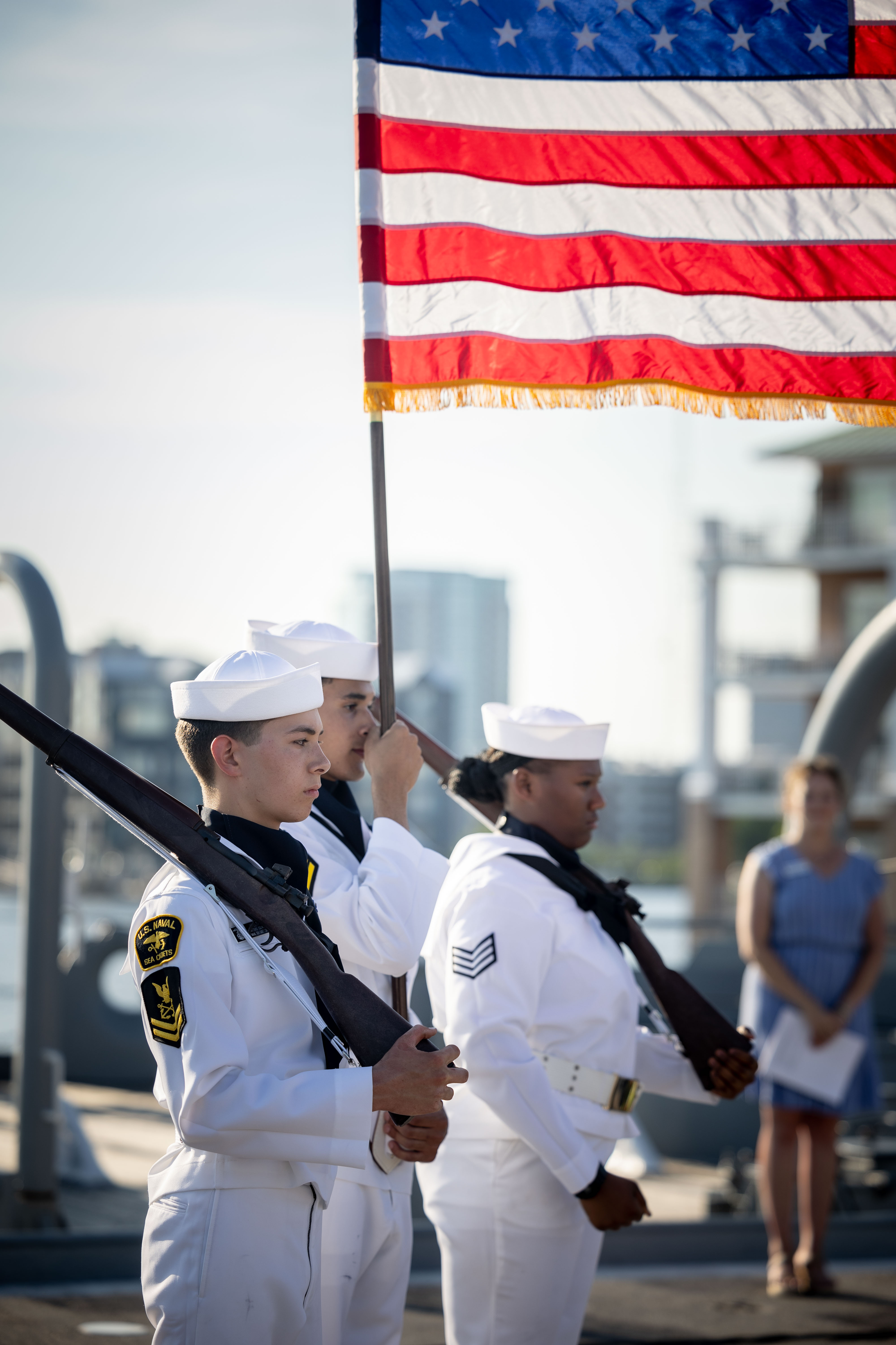 The Tophatters Squadron, Naval Sea Cadets Corps presents the colors during the 2024 National Maritime Day ceremony on board USS Wisconsin (BB-64) May 22, 2024. National Maritime Day honors the work and contributions of past merchant seaman who endured the perils of the sea during times of war and peace, and recognizes those who proudly carry on that tradition today.