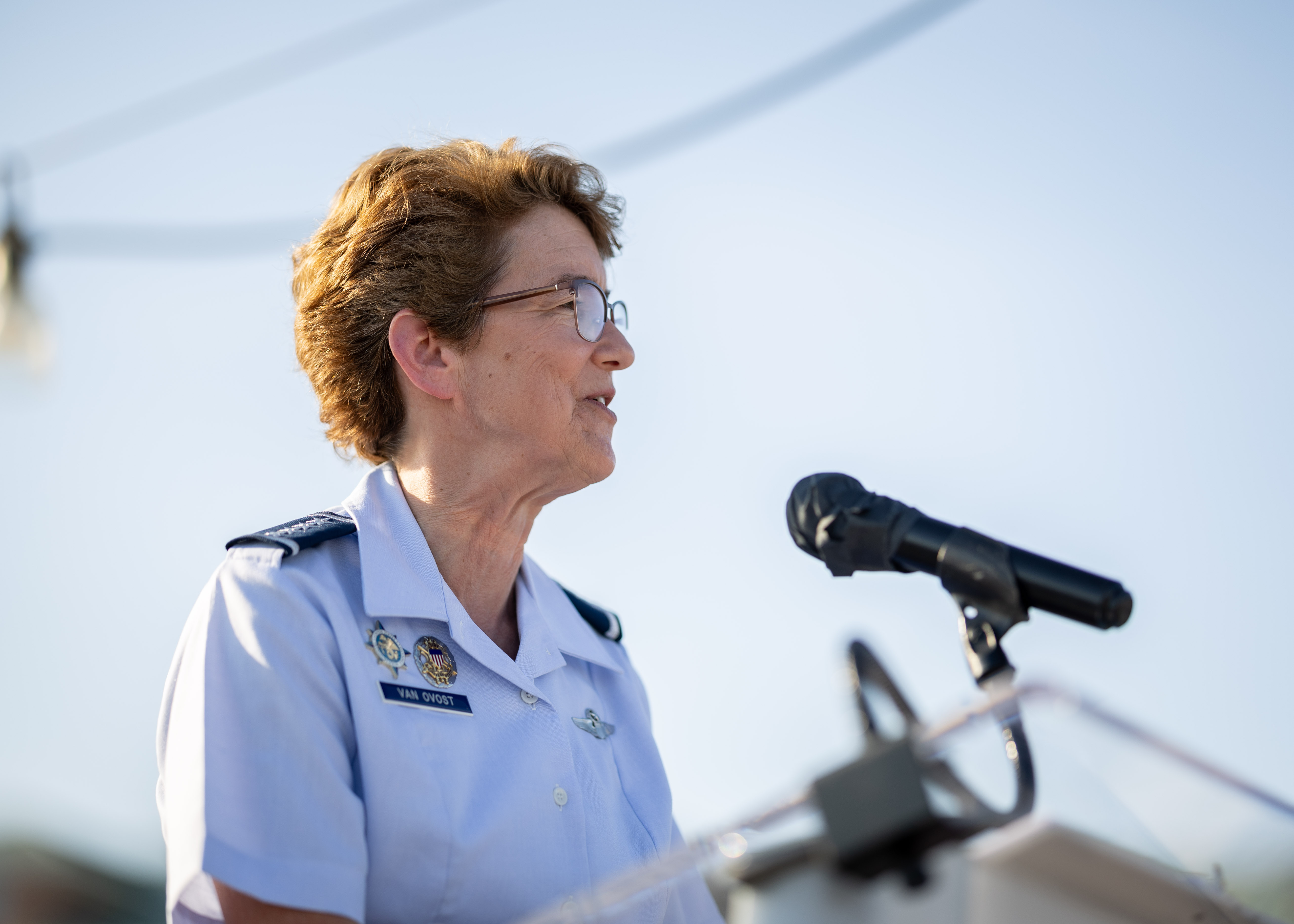 Gen. Jacqueline Van Ovost, Commander, U.S. Transcom, delivers remarks during the 2024 National Maritime Day ceremony hosted by the Propeller Club, Port of Norfolk, on board USS Wisconsin (BB-64) May 22, 2024. National Maritime Day honors the work and contributions of past merchant seaman who endured the perils of the sea during times of war and peace, and recognizes those who proudly carry on that tradition today.
