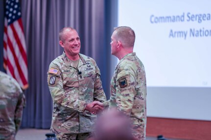 Command Sgt. Maj. John. T. Raines, the 13th command sergeant major of the Army National Guard, presented guidance on Soldier readiness at the Chaplains Section Training on May 8, 2024, at the Professional Education Center, Camp Robinson, Arkansas. The chaplains are training to develop spiritual readiness in Soldiers.