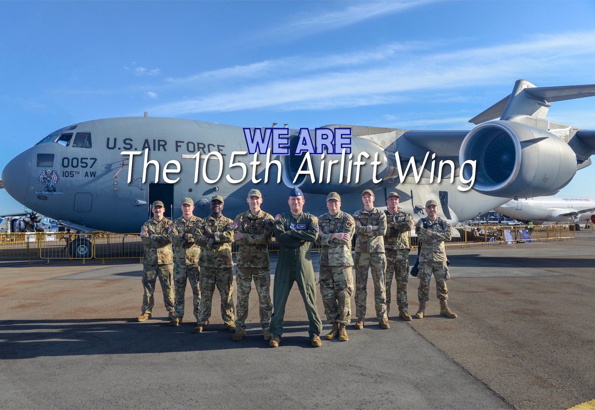 105th Airlift Wing members stand in front of C-17.