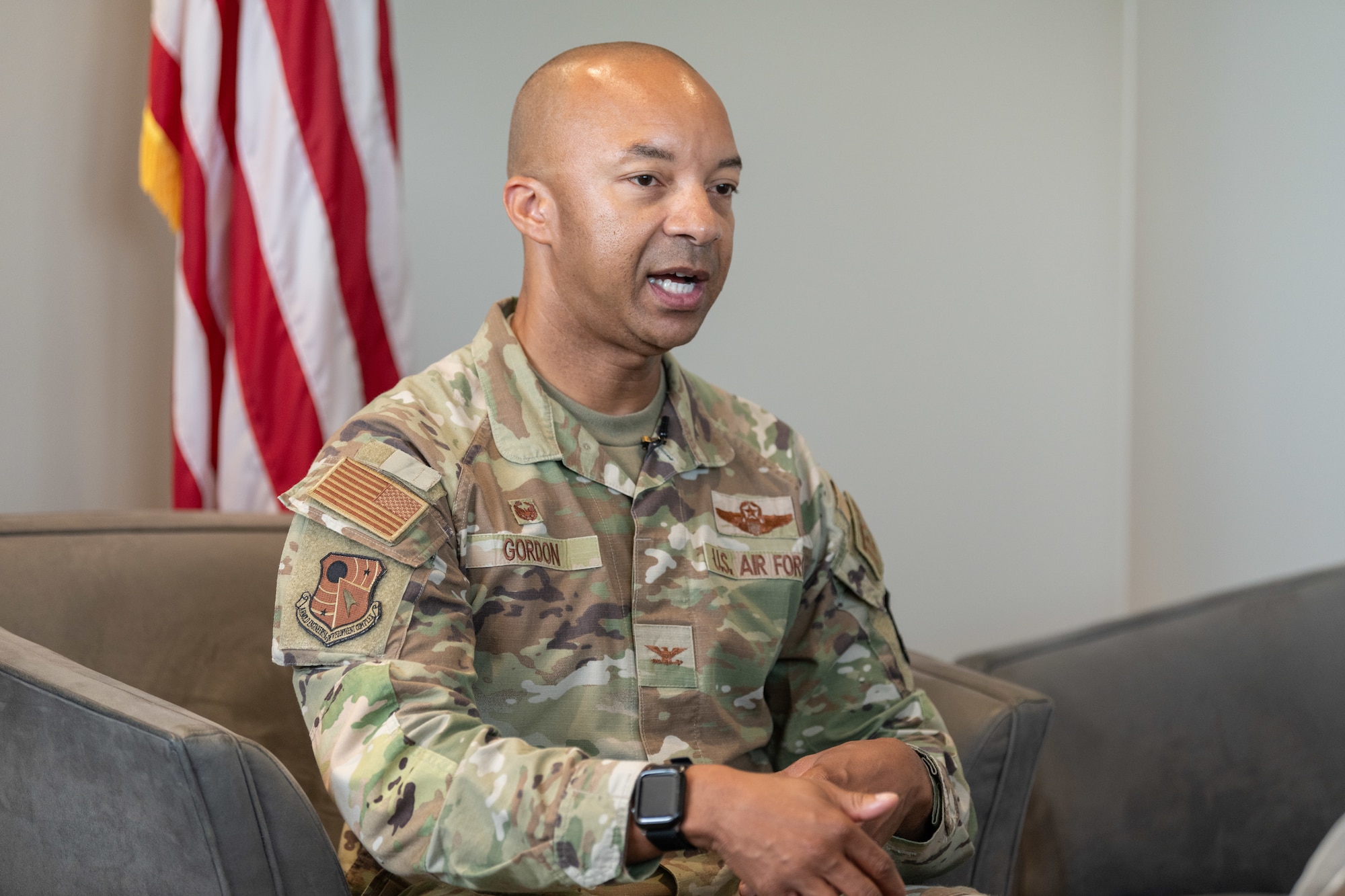 Col. Randel Gordon, who will depart his post as Arnold Engineering Development Complex commander on June 13, 2024, discusses accomplishments during his tenure and his upcoming retirement from the Air Force during an interview May 20, 2024, at Arnold Air Force Base, Tenn., headquarters of AEDC. (U.S. Air Force photo by Keith Thornburgh)