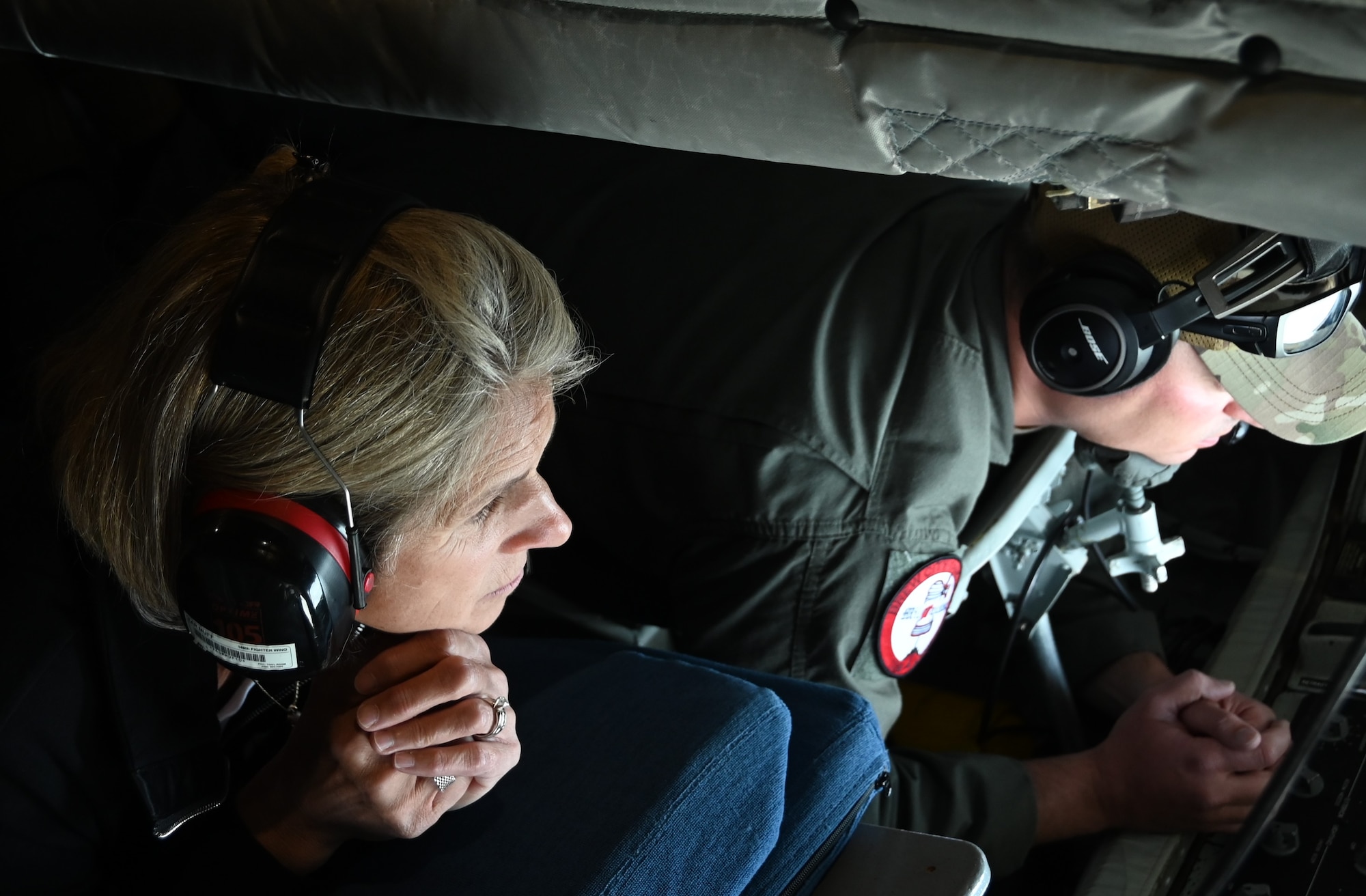 The 148th Fighter Wing and Employer Support of the Guard and Reserve (ESGR) conducted a boss lift in a KC-135 Stratotanker for local employers and educators to share what employees do at the 148th Fighter Wing in Duluth, Minn. July 7, 2024. Supporters were flown in a KC-135 assigned to the 128th Air Refueling Wing from Milwaukee, Wis. to experience an aerial refueling mission firsthand. (U.S. Air National Guard photo by A1C Addie Peterson)