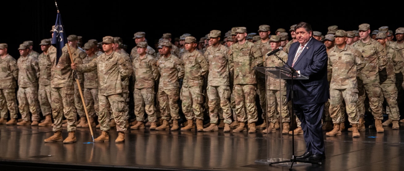 Governor JB Pritzker addresses family and friends of the approximately 125 Soldiers from the Kankakee-based Company C, 1st Battalion, 178th Infantry Regiment during the unit’s mobilization ceremony June 4 at Olivet Nazarene University in Bourbonnais.